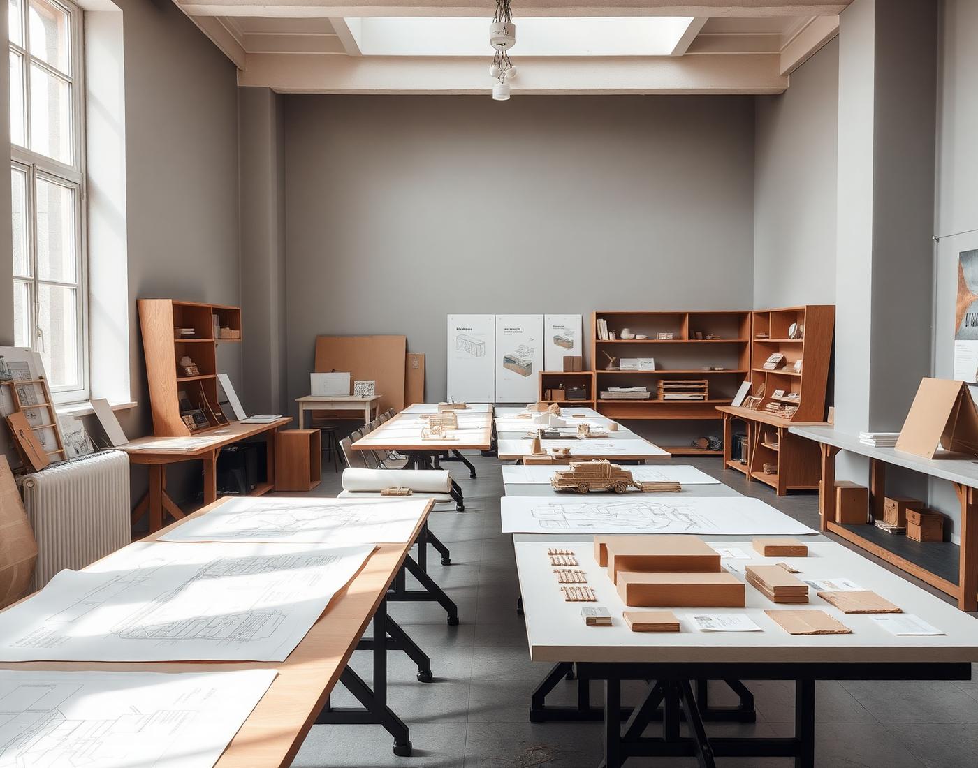 The studio workspace with technical drawings, scale models and material samples